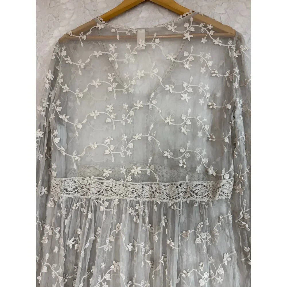 Sundance Platinum Gray Sheer Embroidered Floral Lace Peasant Dress Cottage 12 - Picture 10 of 15